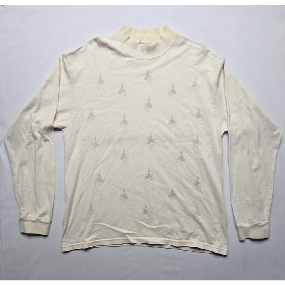Vintage Artisans Winter Themed Shirt L Long Sleeve Cream AOP Tree Print Tee 90s